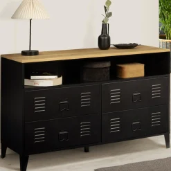 Commode industrielle portes en métal noir avec 4 tiroirs