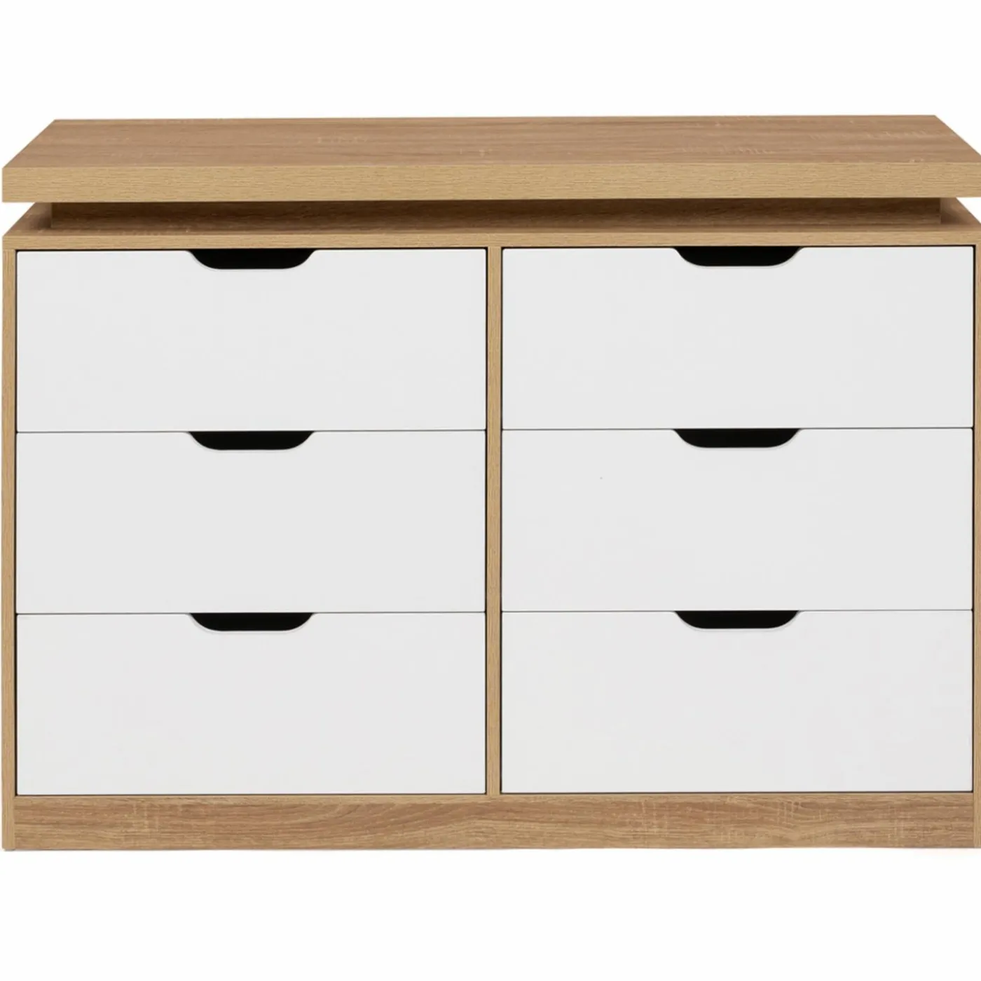 Commode LED blanche et plateau bois 6 tiroirs