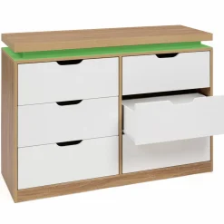 Commode LED blanche et plateau bois 6 tiroirs