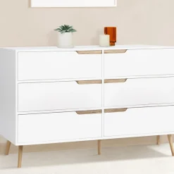 Commode scandinave 6 tiroirs blanche avec pieds en bois