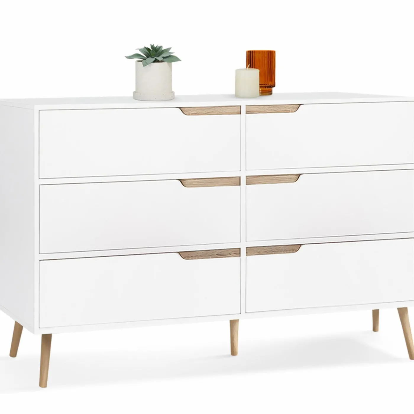 Commode scandinave 6 tiroirs blanche avec pieds en bois