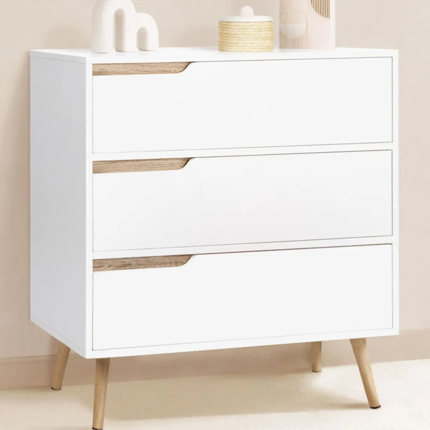Commode scandinave blanche et bois 3 tiroirs