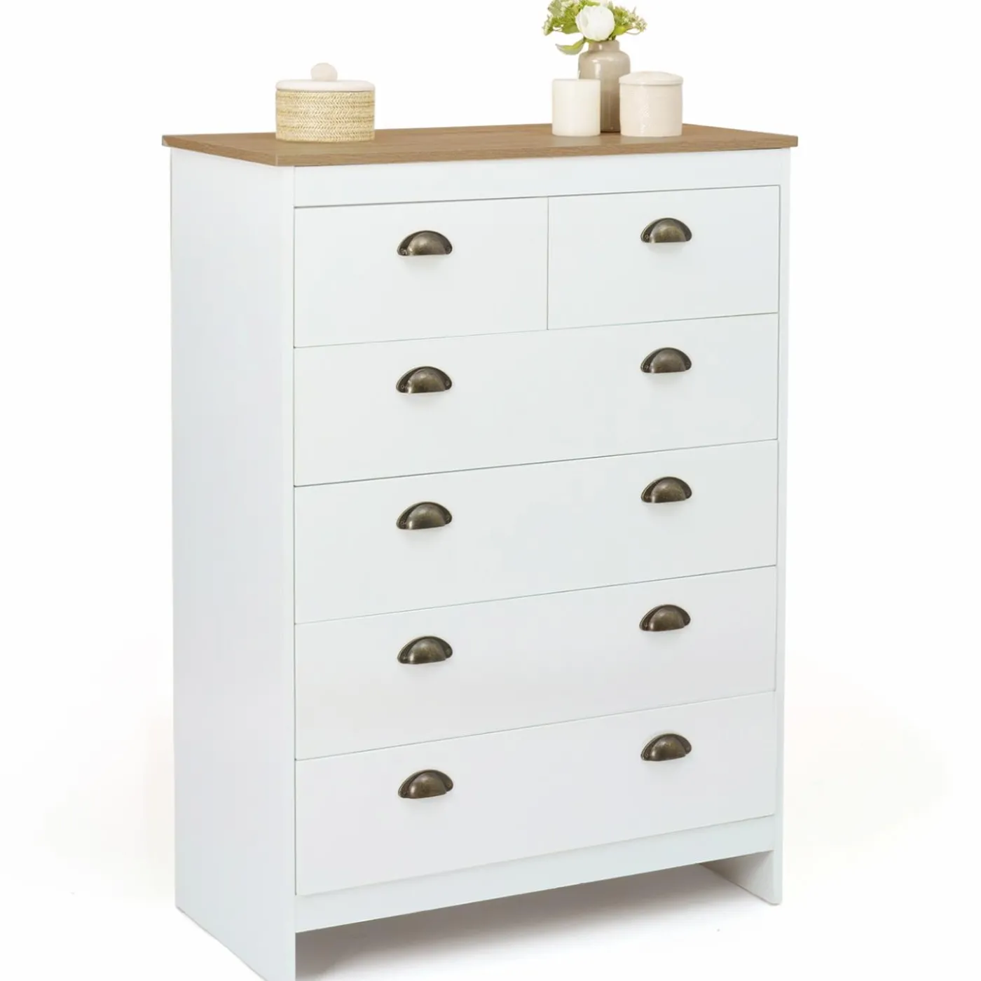 Commode style campagne chic 6 tiroirs blanche et bois