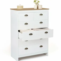 Commode style campagne chic 6 tiroirs blanche et bois