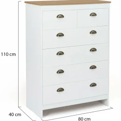 Commode style campagne chic 6 tiroirs blanche et bois