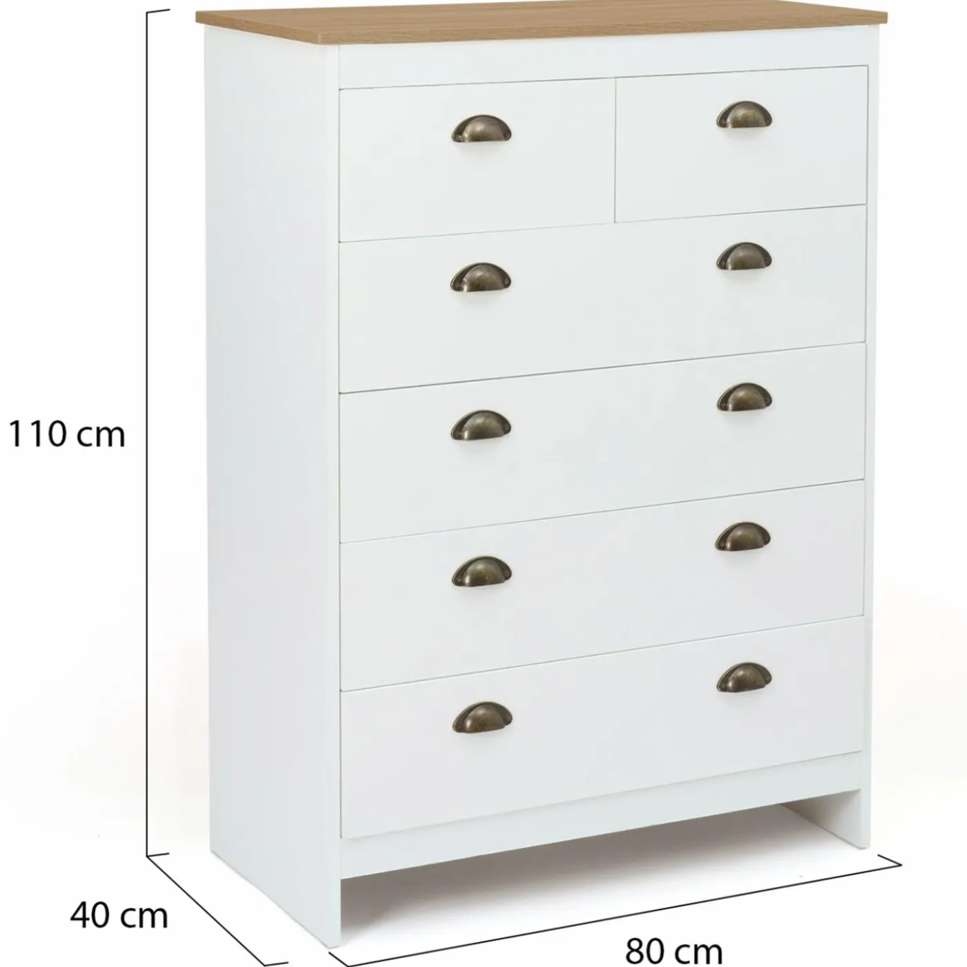 Commode style campagne chic 6 tiroirs blanche et bois