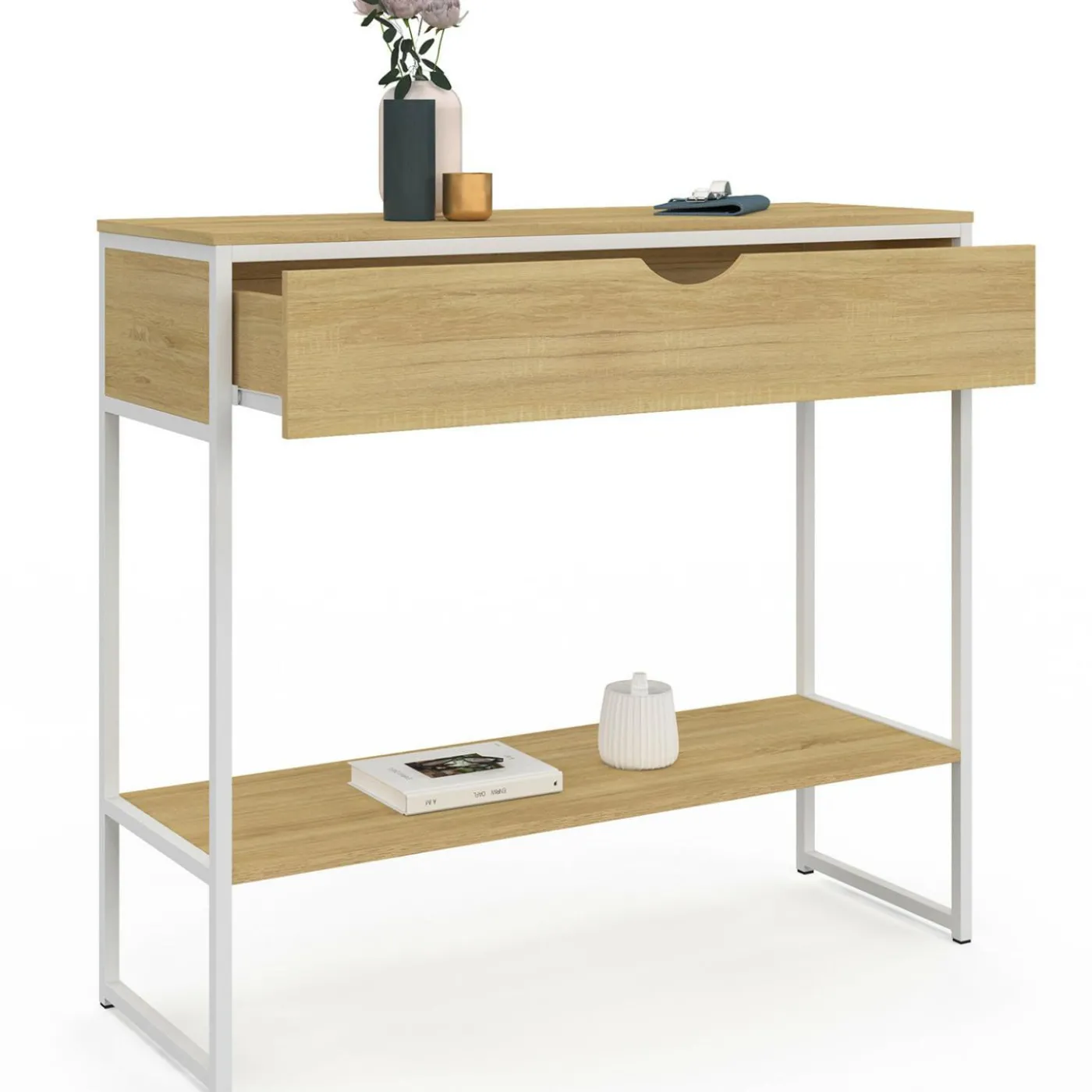 Console 1 tiroir et 1 étagère design industriel bois et métal blanc