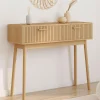 Console 2 tiroirs JULIETTE lattes tasseau bois coloris chêne