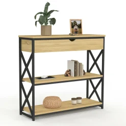 Console bois et métal 1 tiroir 2 étagères design industriel