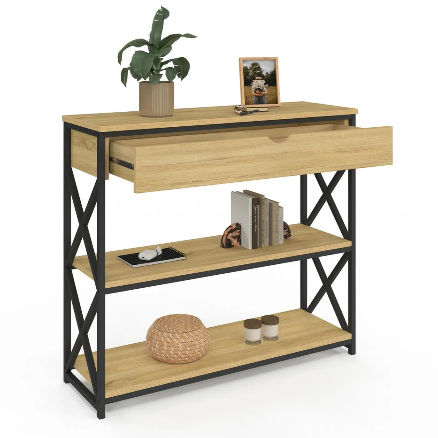 Console bois et métal 1 tiroir 2 étagères design industriel