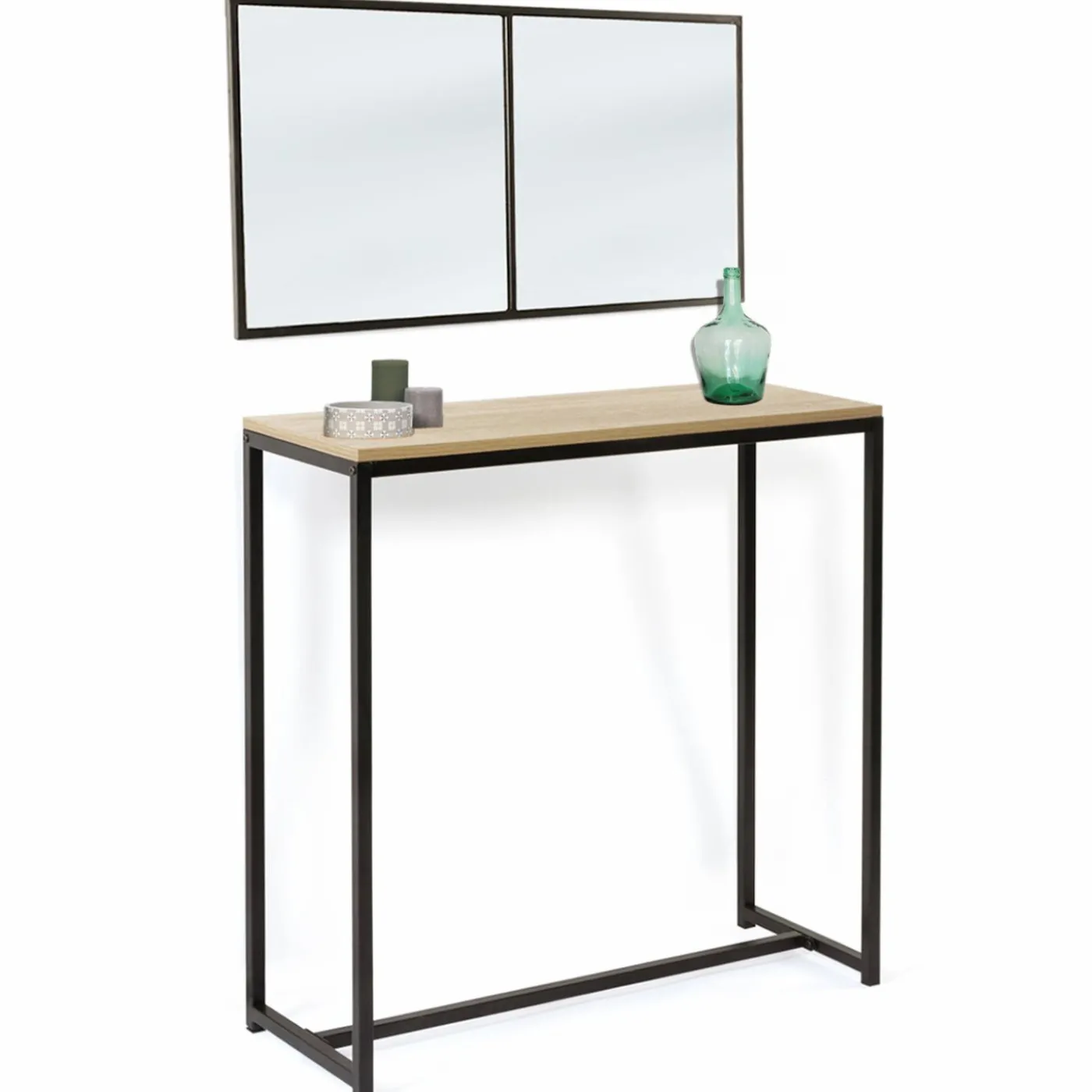 Console bois et métal noir avec miroir 2 bandes design industriel