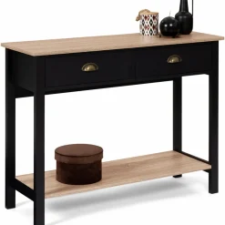 Console style campagne chic 2 tiroirs bois et noir