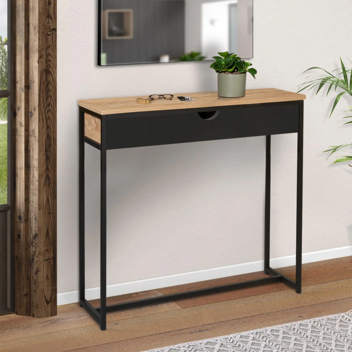 Console style industriel bois et métal 90 cm avec tiroir