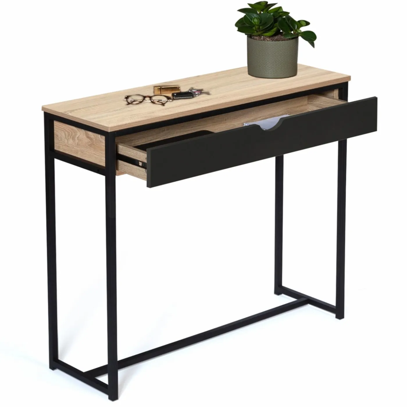 Console style industriel bois et métal 90 cm avec tiroir