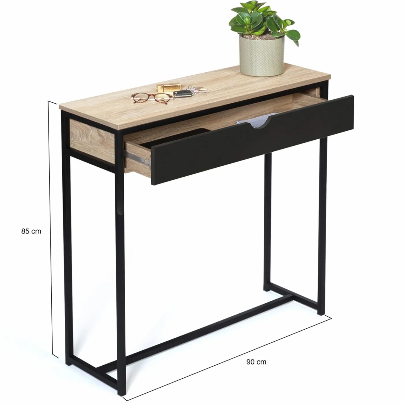 Console style industriel bois et métal 90 cm avec tiroir