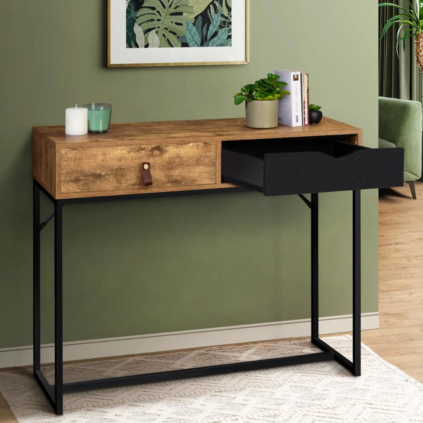 Console style industriel bois et métal 2 tiroirs