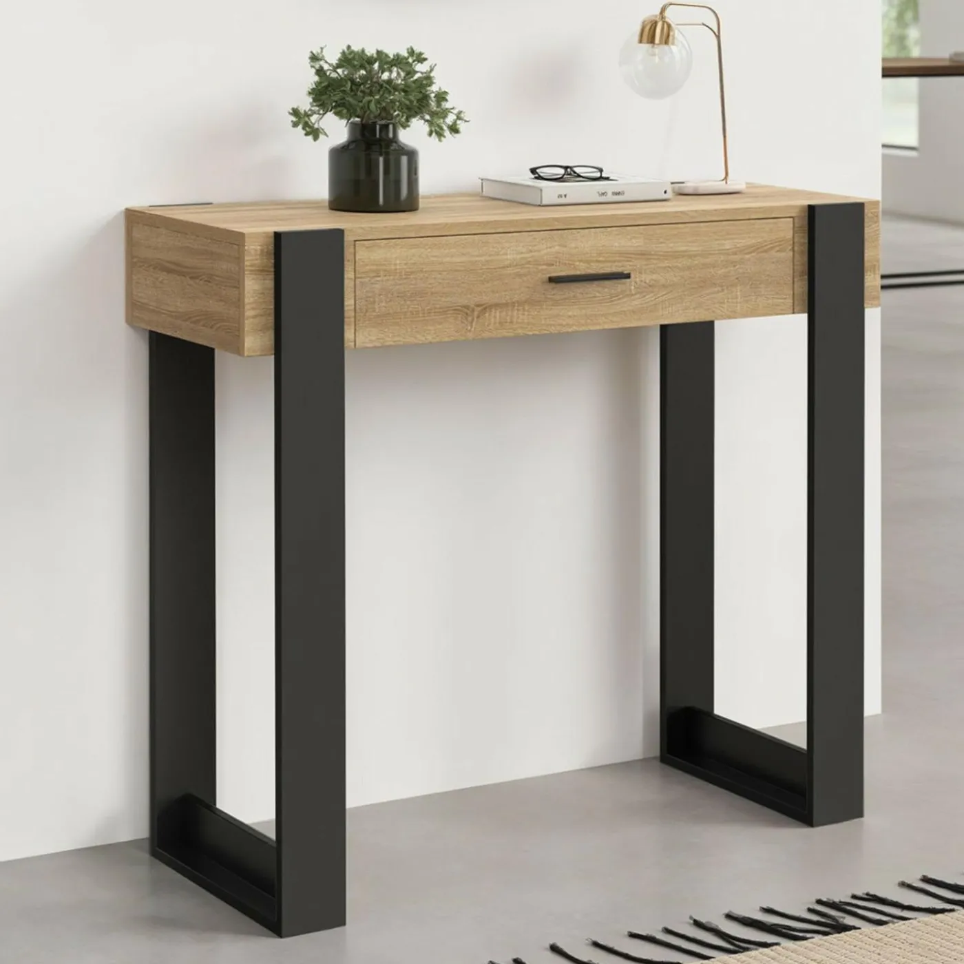 Console style moderne bois et noir 90 cm avec tiroir