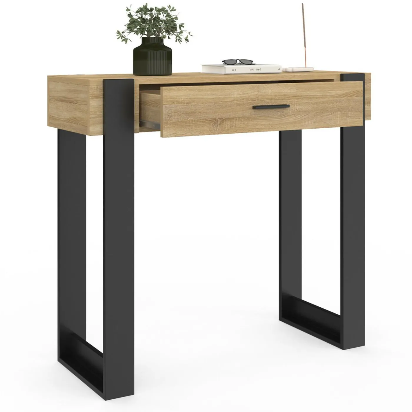 Console style moderne bois et noir 90 cm avec tiroir