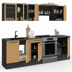 Cuisine complète 240 cm 7 éléments bois avec vitrine et plan de travail noir