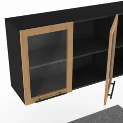 Cuisine complète 240 cm 7 éléments bois avec vitrine et plan de travail noir