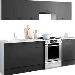 Cuisine complète 240 cm avec plan de travail blanc et gris