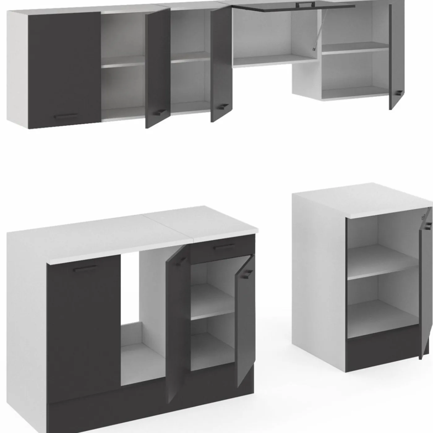 Cuisine complète 240 cm avec plan de travail blanc et gris