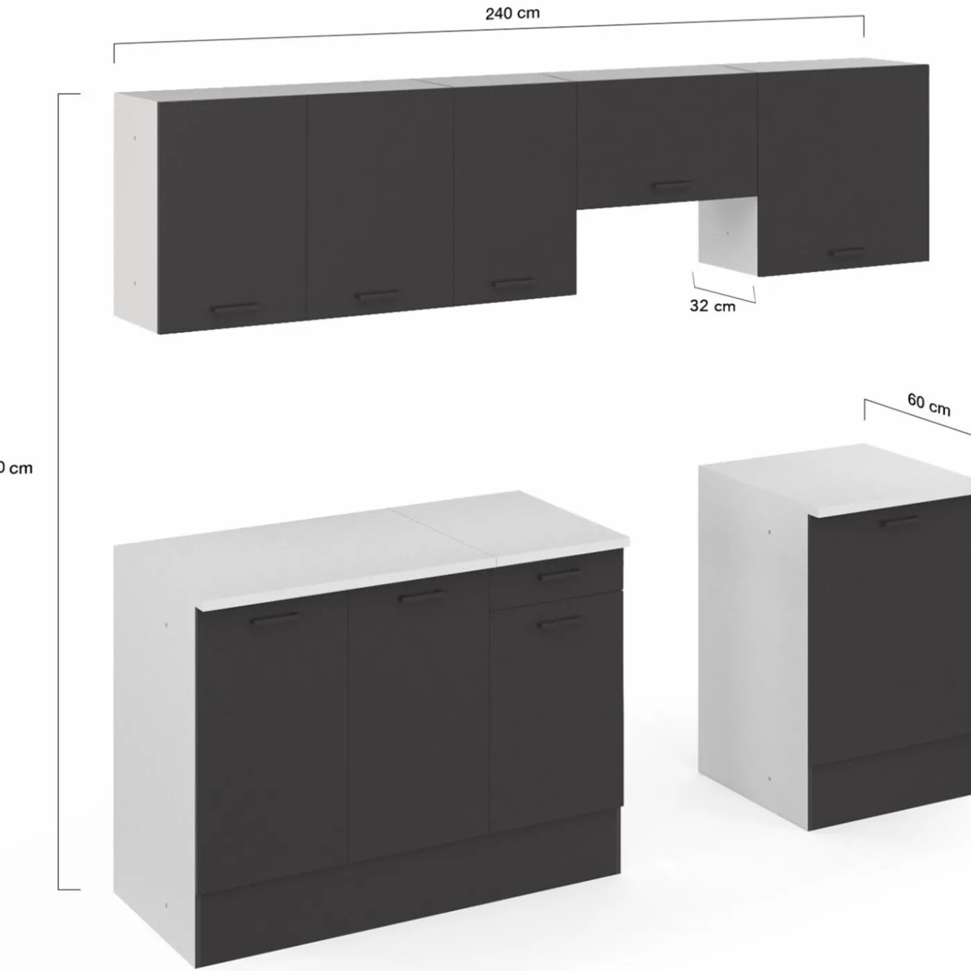 Cuisine complète 240 cm avec plan de travail blanc et gris