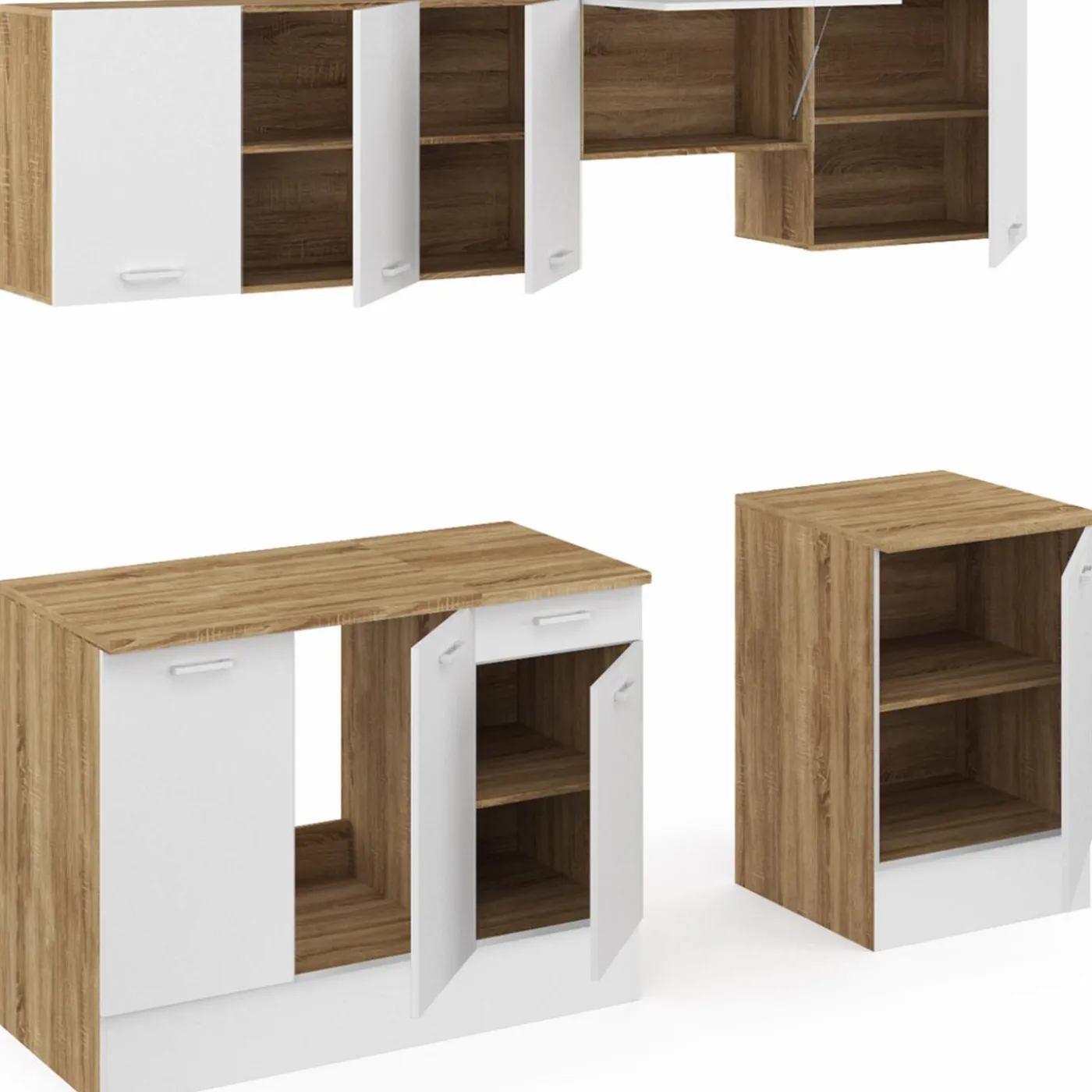 Cuisine complète 240 cm avec plan de travail bois et blanc