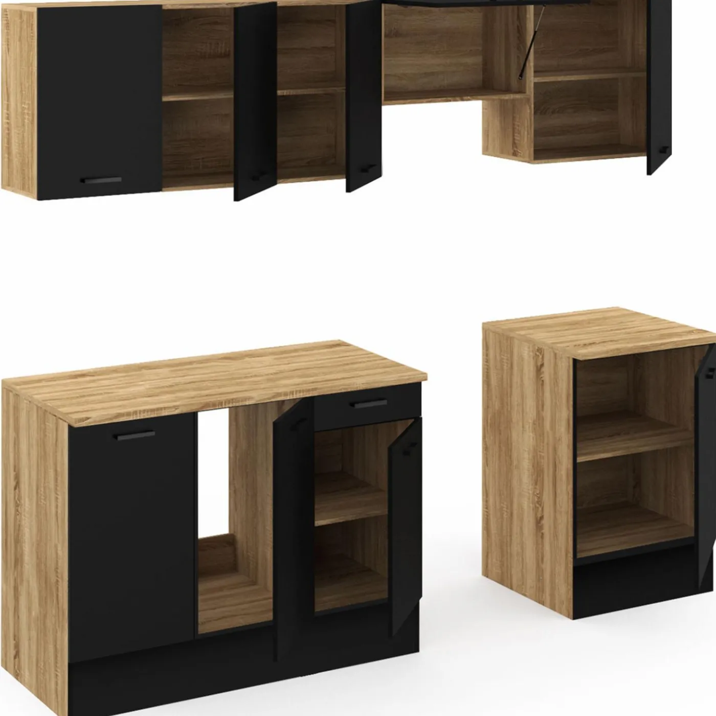 Cuisine complète 240 cm avec plan de travail bois et noir
