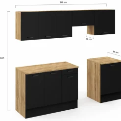Cuisine complète 240 cm avec plan de travail bois et noir