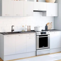 Cuisine complète 240 cm avec plan de travail bois blanc et plateaux effet béton