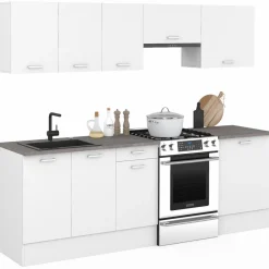 Cuisine complète 240 cm avec plan de travail bois blanc et plateaux effet béton