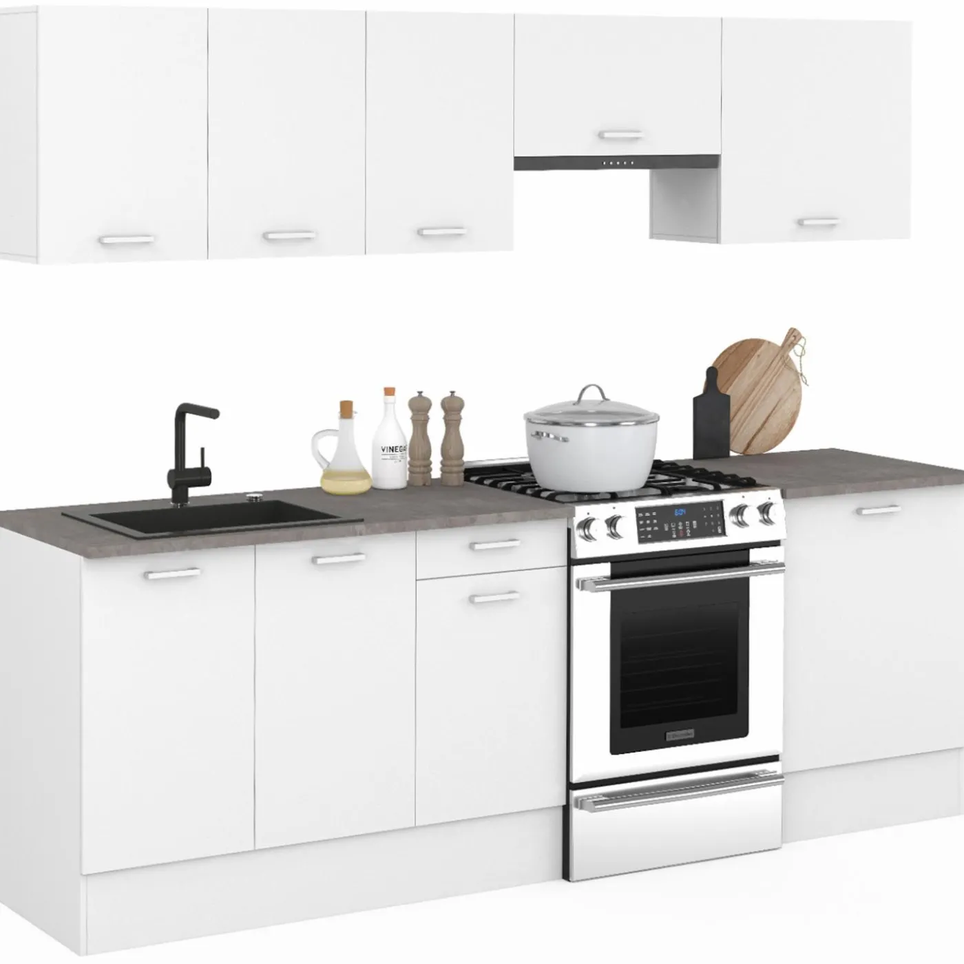 Cuisine complète 240 cm avec plan de travail bois blanc et plateaux effet béton