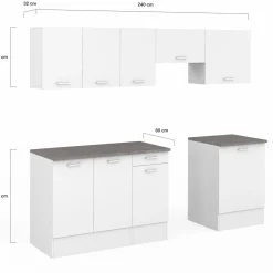Cuisine complète 240 cm avec plan de travail bois blanc et plateaux effet béton