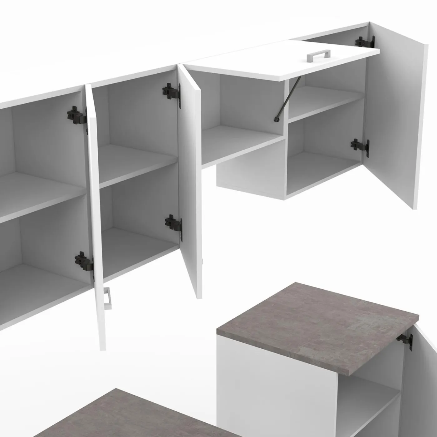Cuisine complète 240 cm avec plan de travail bois blanc et plateaux effet béton