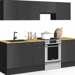 Cuisine complète 240 cm avec plan de travail bois et noir