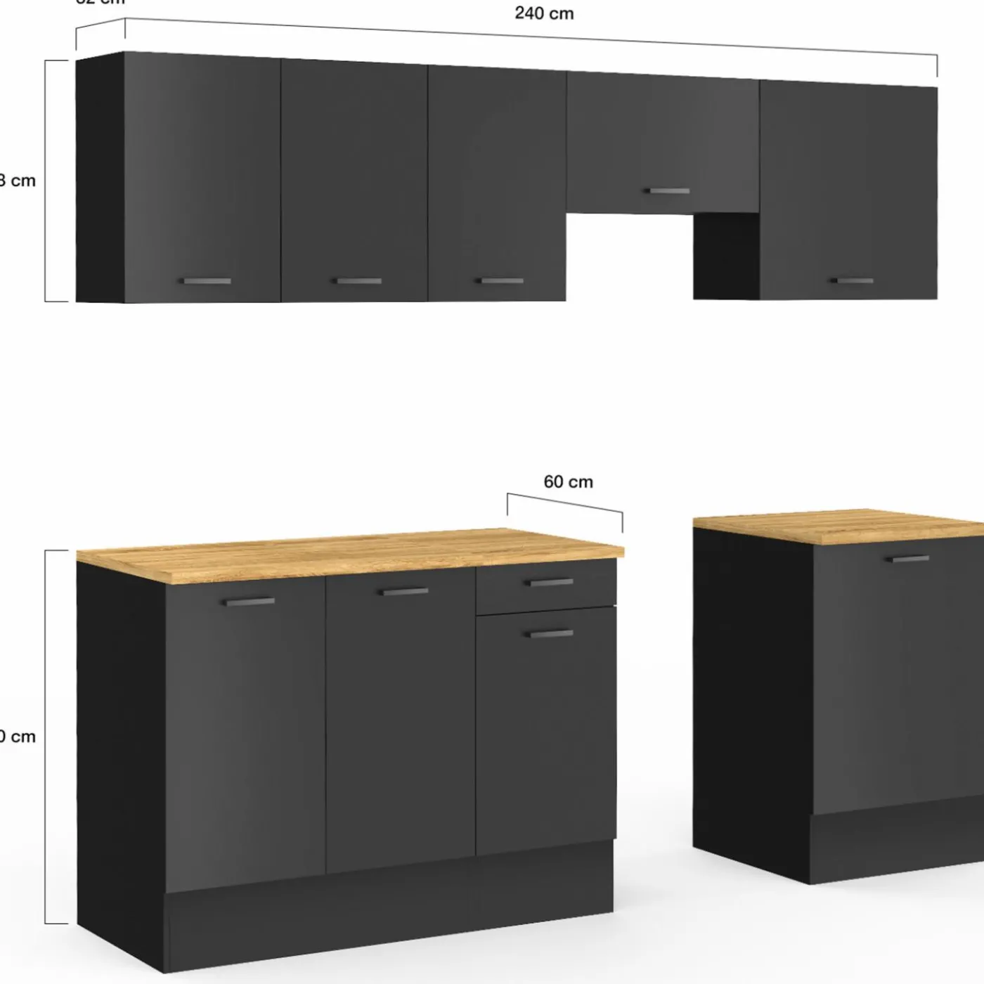 Cuisine complète 240 cm avec plan de travail bois et noir