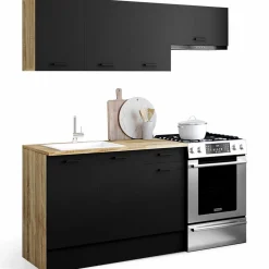 Cuisine complète 180 cm avec plan de travail bois et noir