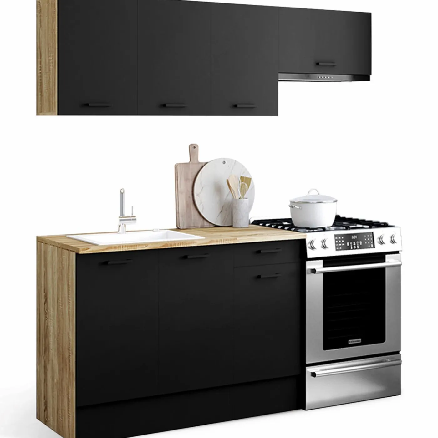 Cuisine complète 180 cm avec plan de travail bois et noir