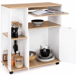 Desserte à roulettes bois blanc et plateaux façon hêtre 76 cm