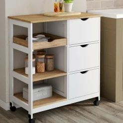 Desserte de cuisine 3 paniers + 1 plateau amovibe blanc et effet hêtre L 76 cm