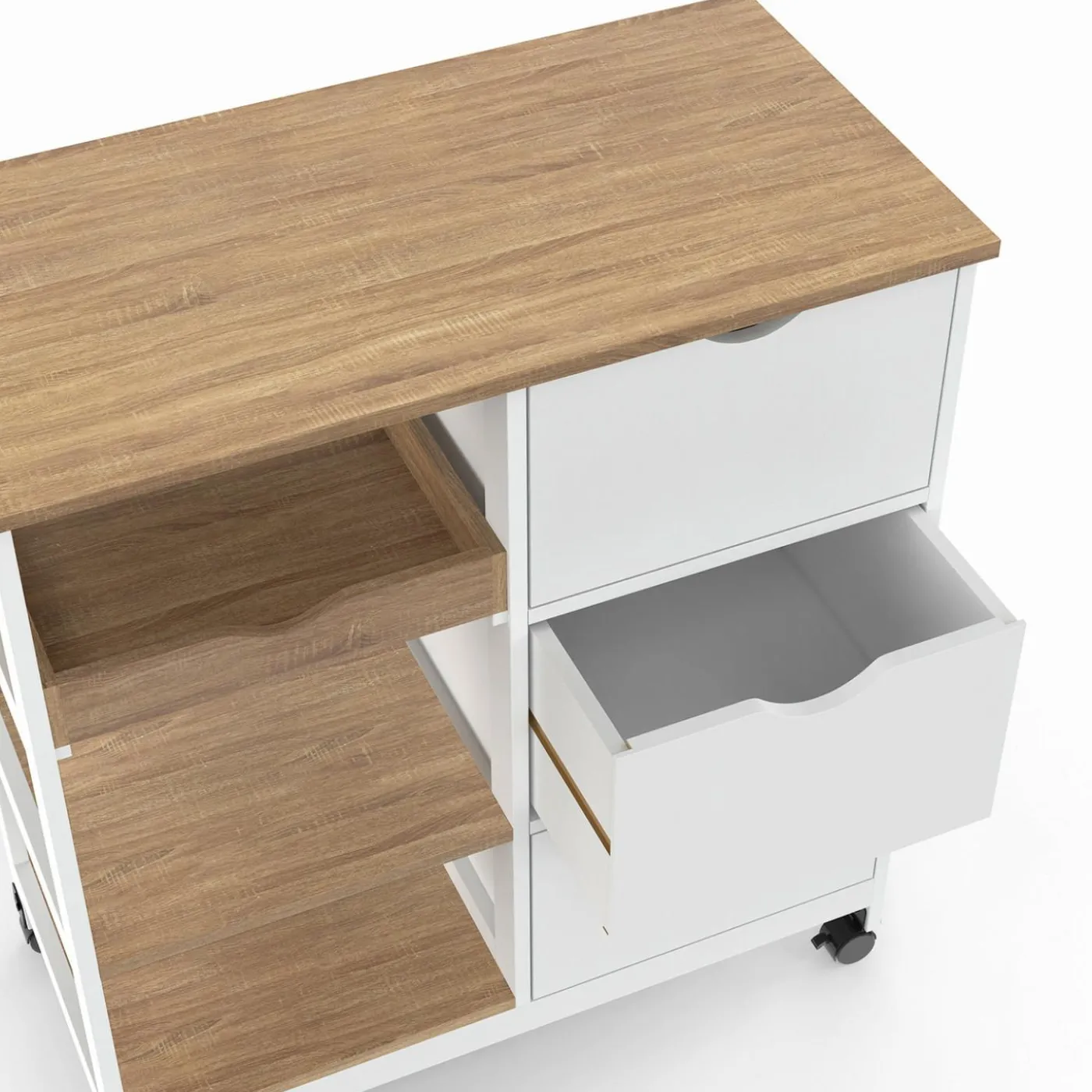 Desserte de cuisine 3 paniers + 1 plateau amovibe blanc et effet hêtre L 76 cm