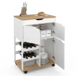Desserte de cuisine à roulettes avec rangements et range-bouteilles bois blanc