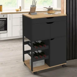 Desserte de cuisine avec placards et range-bouteilles bois et noir