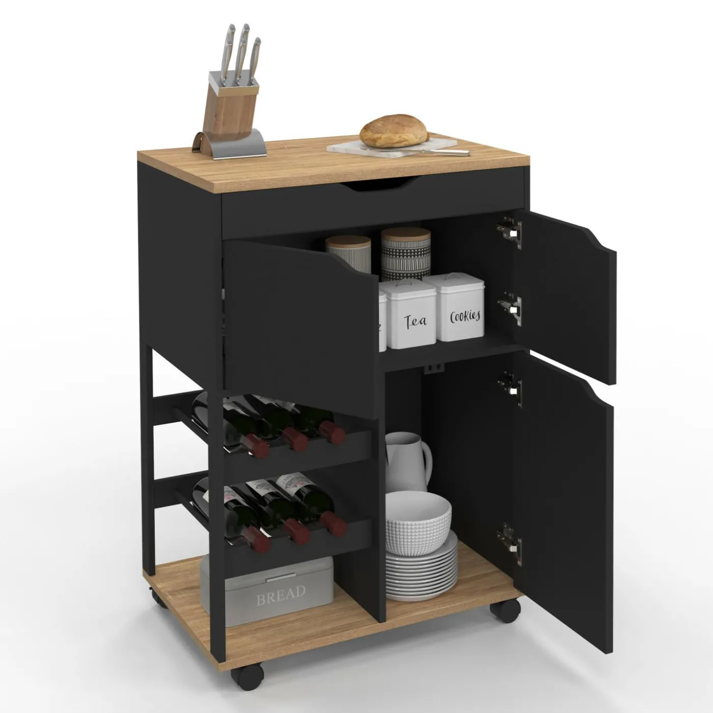 Desserte de cuisine avec placards et range-bouteilles bois et noir
