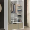 Dressing blanc avec penderie rideau taupe + étagères + boites de rangement