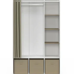 Dressing blanc avec penderie rideau taupe + étagères + boites de rangement