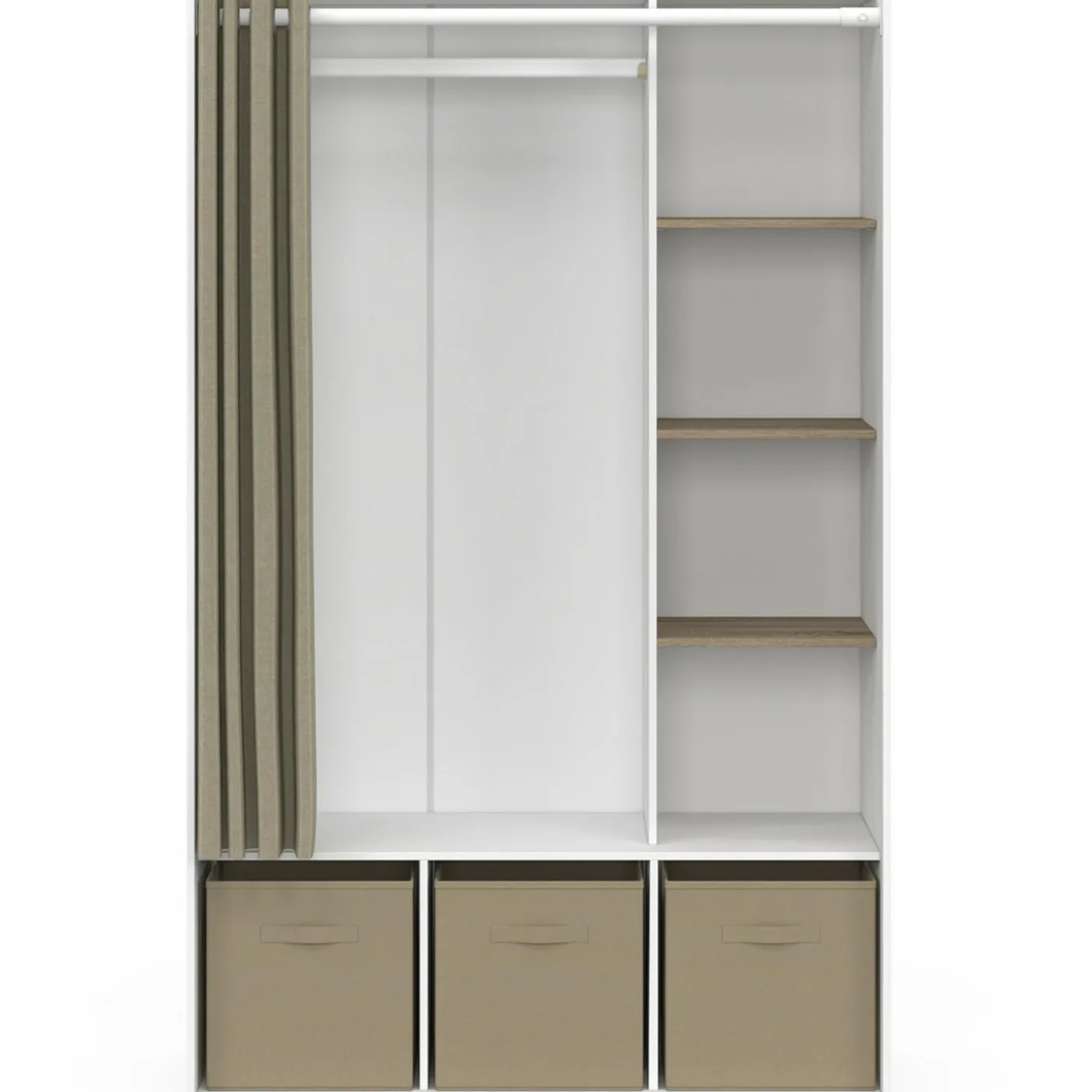 Dressing blanc avec penderie rideau taupe + étagères + boites de rangement