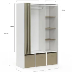 Dressing blanc avec penderie rideau taupe + étagères + boites de rangement