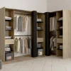 Dressing d'angle extensible bois effet hêtre avec 4 penderies + 12 étagères + 3 tiroirs et rideaux noirs